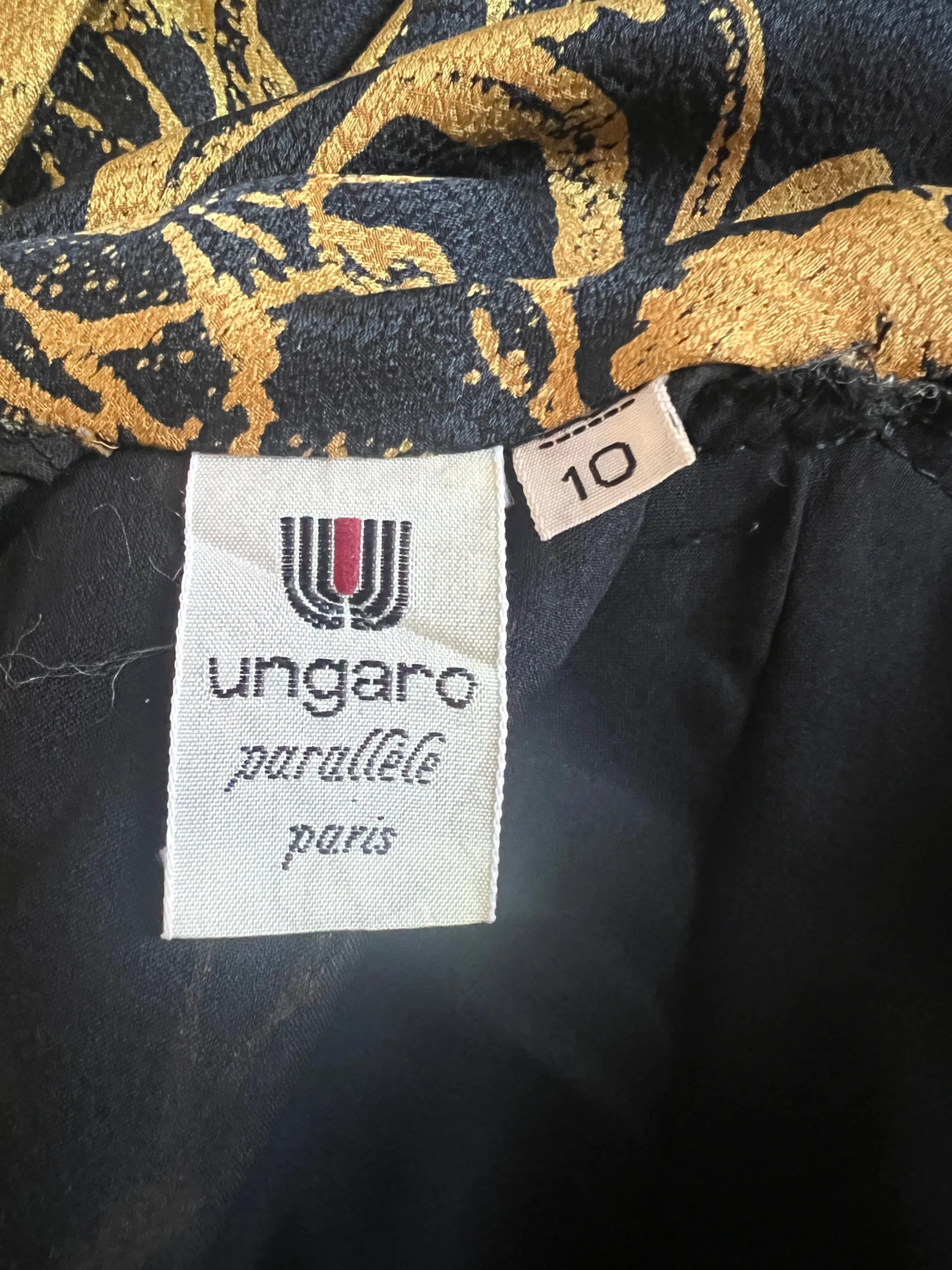 1988 Ungaro Documented Silk Gold and Black Floral Dress