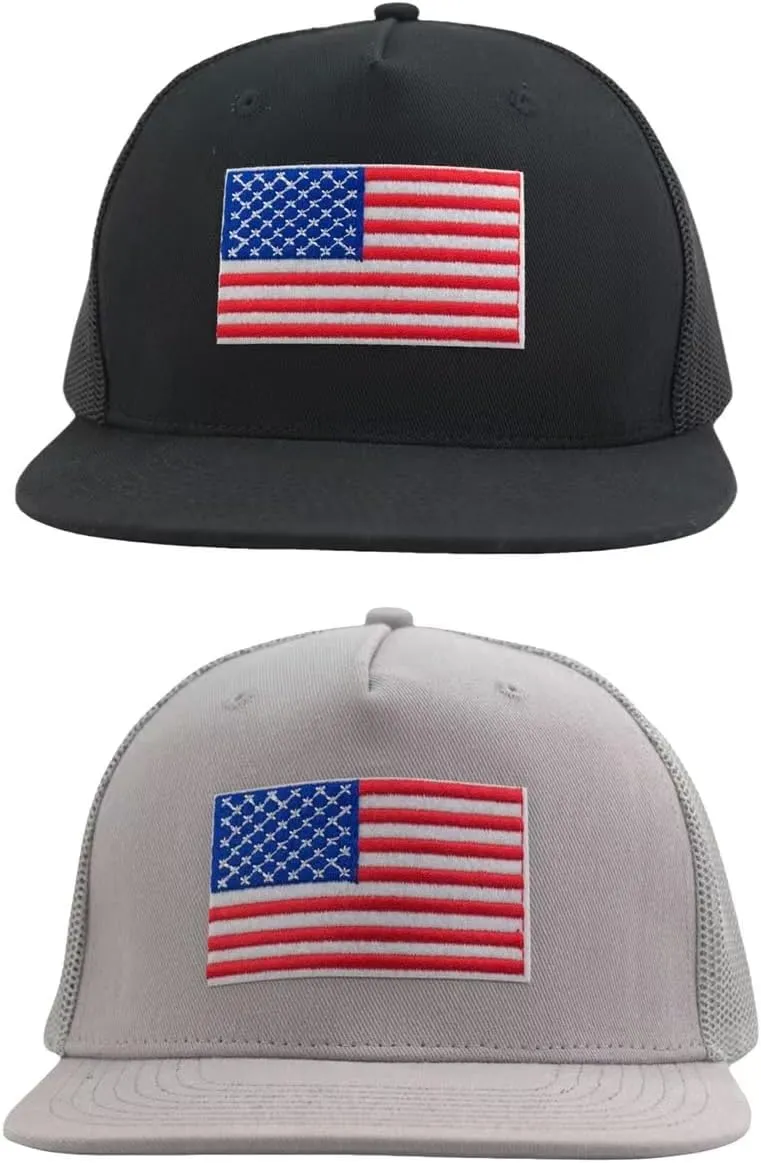 2 Pack XL Plus Size American Flag Trucker Hat Men's USA Patriotic Ball Cap,5 Panels, Flat BrimSnapback, Mesh-Back