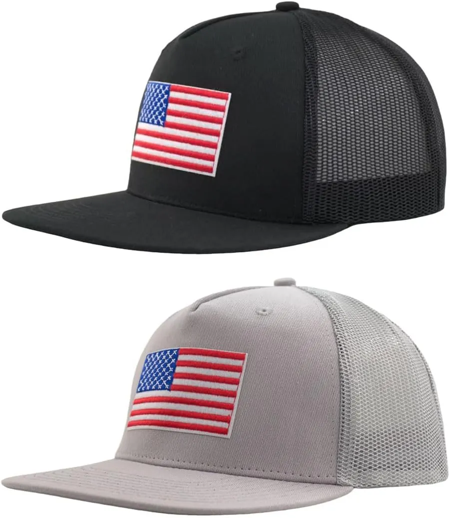 2 Pack XL Plus Size American Flag Trucker Hat Men's USA Patriotic Ball Cap,5 Panels, Flat BrimSnapback, Mesh-Back