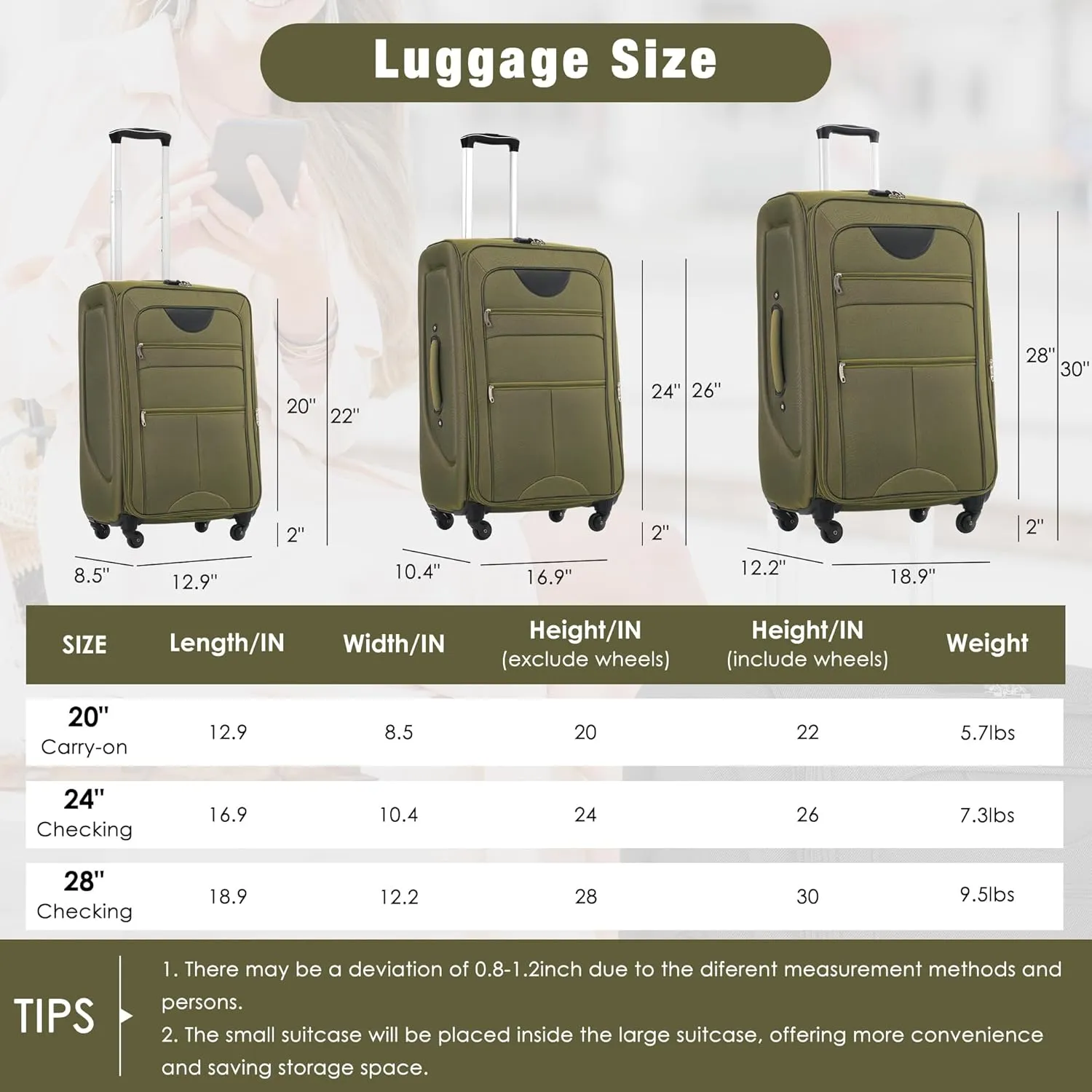 5 Piece Luggage Sets, Carry On Luggage Set with Travel Bag & Toiletry Bag, Expandable Softcase Suitcase with External Pockets TSA Lock, Checked Suitcase 20/24/28in for Women Man, Army Green