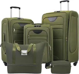 5 Piece Luggage Sets, Carry On Luggage Set with Travel Bag & Toiletry Bag, Expandable Softcase Suitcase with External Pockets TSA Lock, Checked Suitcase 20/24/28in for Women Man, Army Green