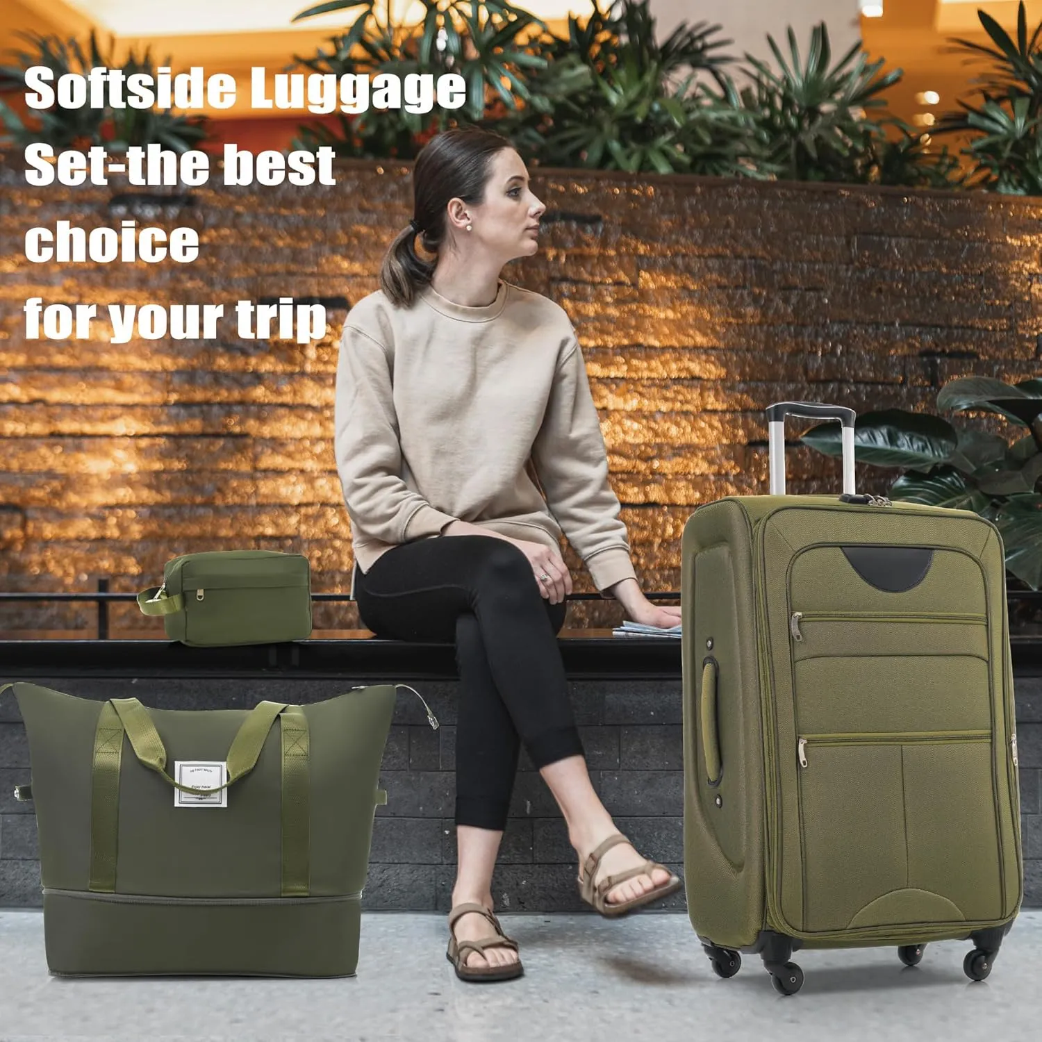 5 Piece Luggage Sets, Carry On Luggage Set with Travel Bag & Toiletry Bag, Expandable Softcase Suitcase with External Pockets TSA Lock, Checked Suitcase 20/24/28in for Women Man, Army Green