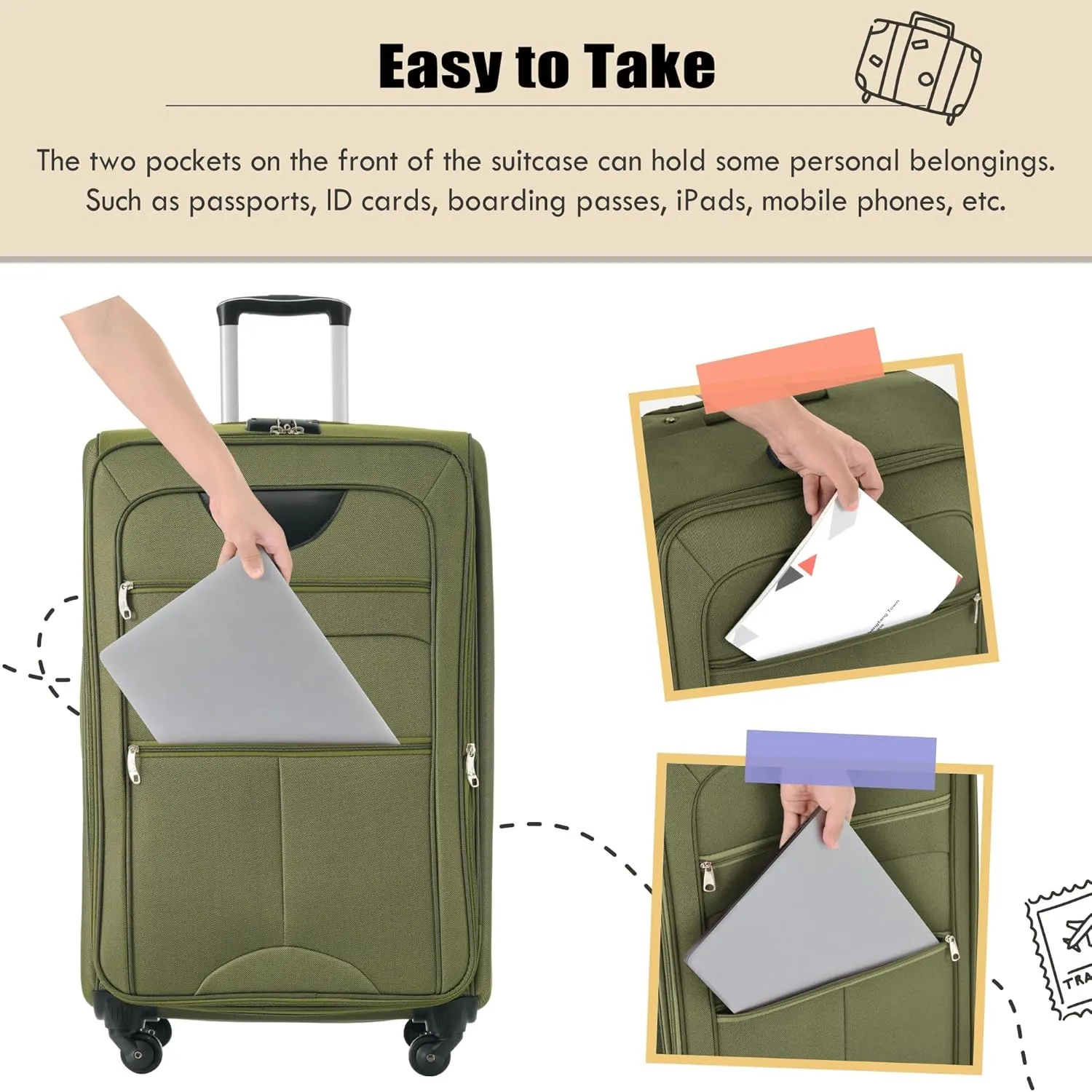 5 Piece Luggage Sets, Carry On Luggage Set with Travel Bag & Toiletry Bag, Expandable Softcase Suitcase with External Pockets TSA Lock, Checked Suitcase 20/24/28in for Women Man, Army Green