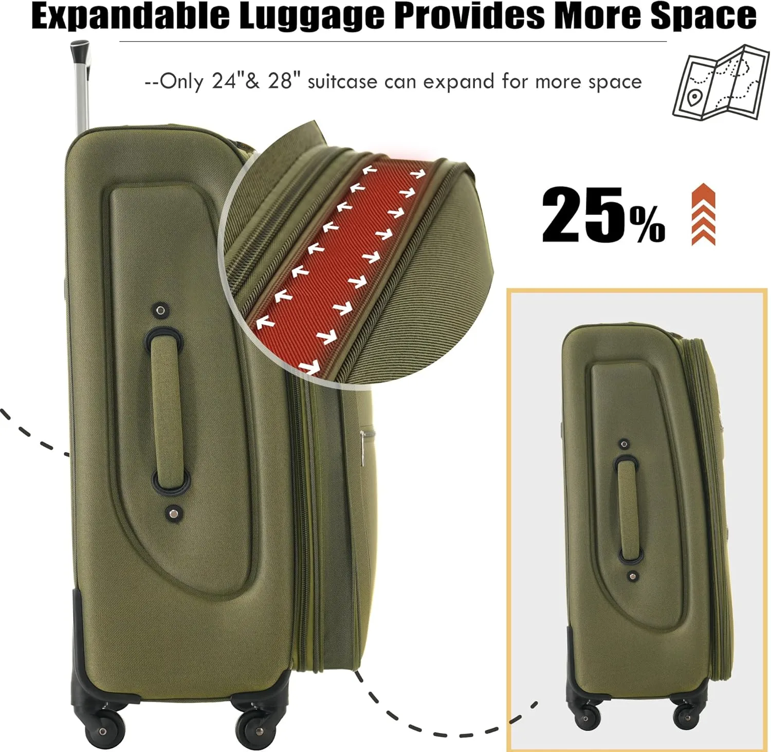 5 Piece Luggage Sets, Carry On Luggage Set with Travel Bag & Toiletry Bag, Expandable Softcase Suitcase with External Pockets TSA Lock, Checked Suitcase 20/24/28in for Women Man, Army Green
