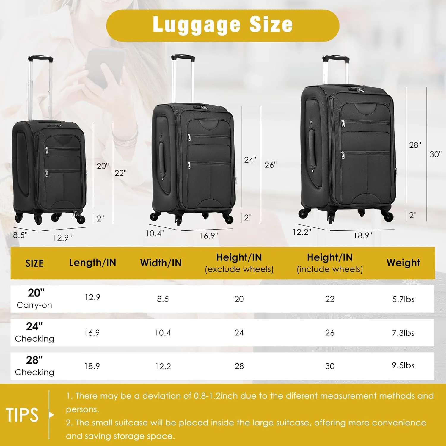 5 Piece Luggage Sets, Carry On Luggage Set with Travel Bag & Toiletry Bag, Expandable Softcase Suitcase with External Pockets TSA Lock, Checked Suitcase 20/24/28in for Women Man, Black