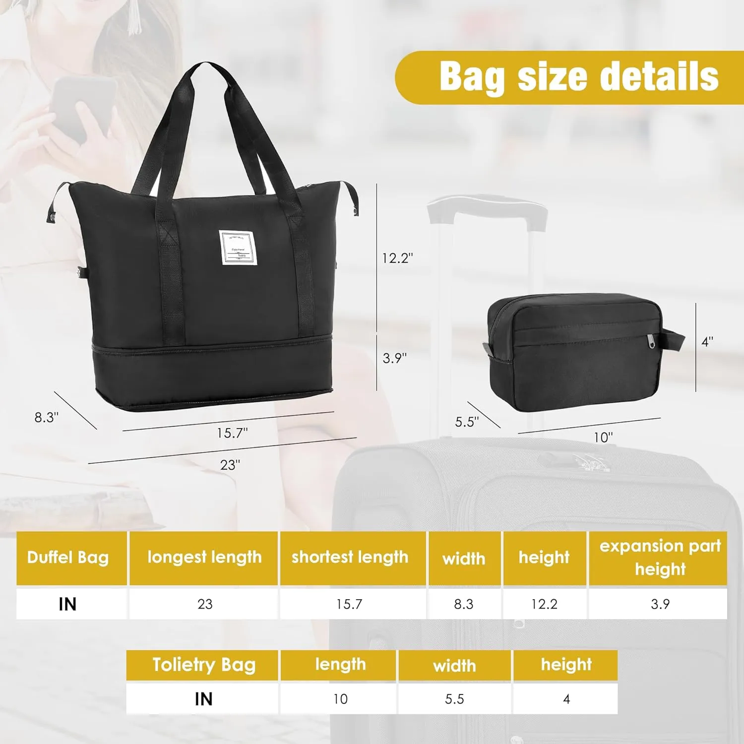 5 Piece Luggage Sets, Carry On Luggage Set with Travel Bag & Toiletry Bag, Expandable Softcase Suitcase with External Pockets TSA Lock, Checked Suitcase 20/24/28in for Women Man, Black
