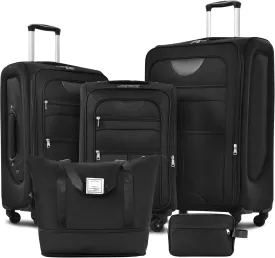 5 Piece Luggage Sets, Carry On Luggage Set with Travel Bag & Toiletry Bag, Expandable Softcase Suitcase with External Pockets TSA Lock, Checked Suitcase 20/24/28in for Women Man, Black