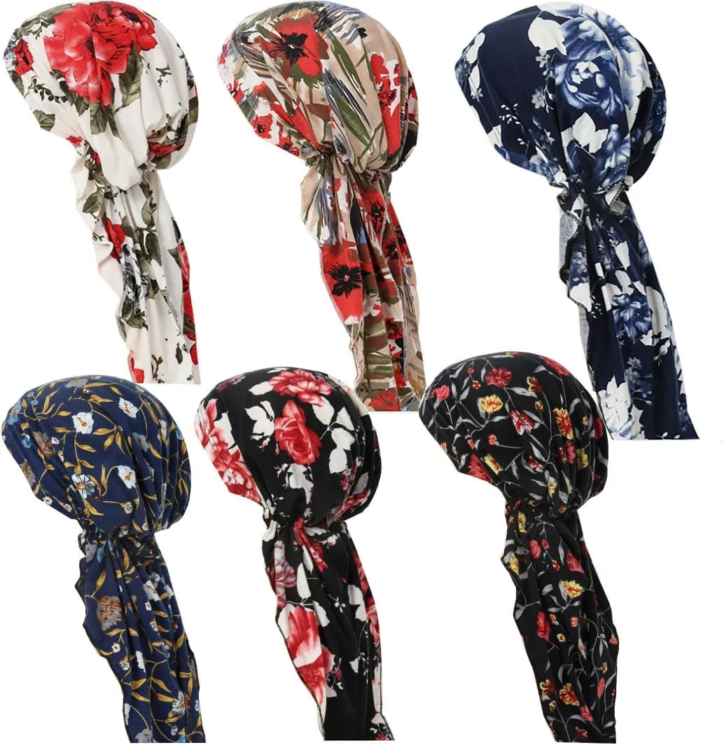 6Pack Chemo Headwear Pre Tied Head Scarf Headwraps Lightweight Turban Beanie Cap for Women