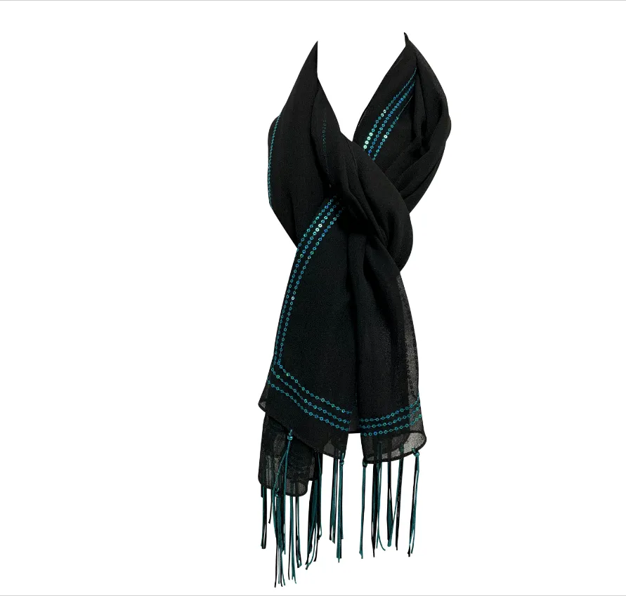 Black & Silver Sheer Sequin Long Scarf Evening Fashion Stole Wrap Shawl JK353