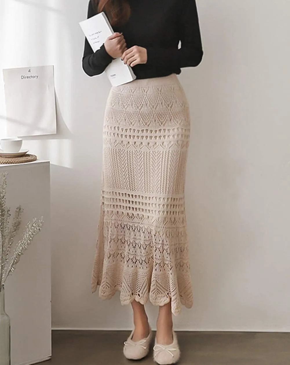 chouyatou Women's Stretched High Waist Crochet Hollow Out Knit Flowy Patterned Lace Maxi Skirt