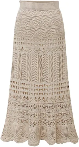 chouyatou Women's Stretched High Waist Crochet Hollow Out Knit Flowy Patterned Lace Maxi Skirt