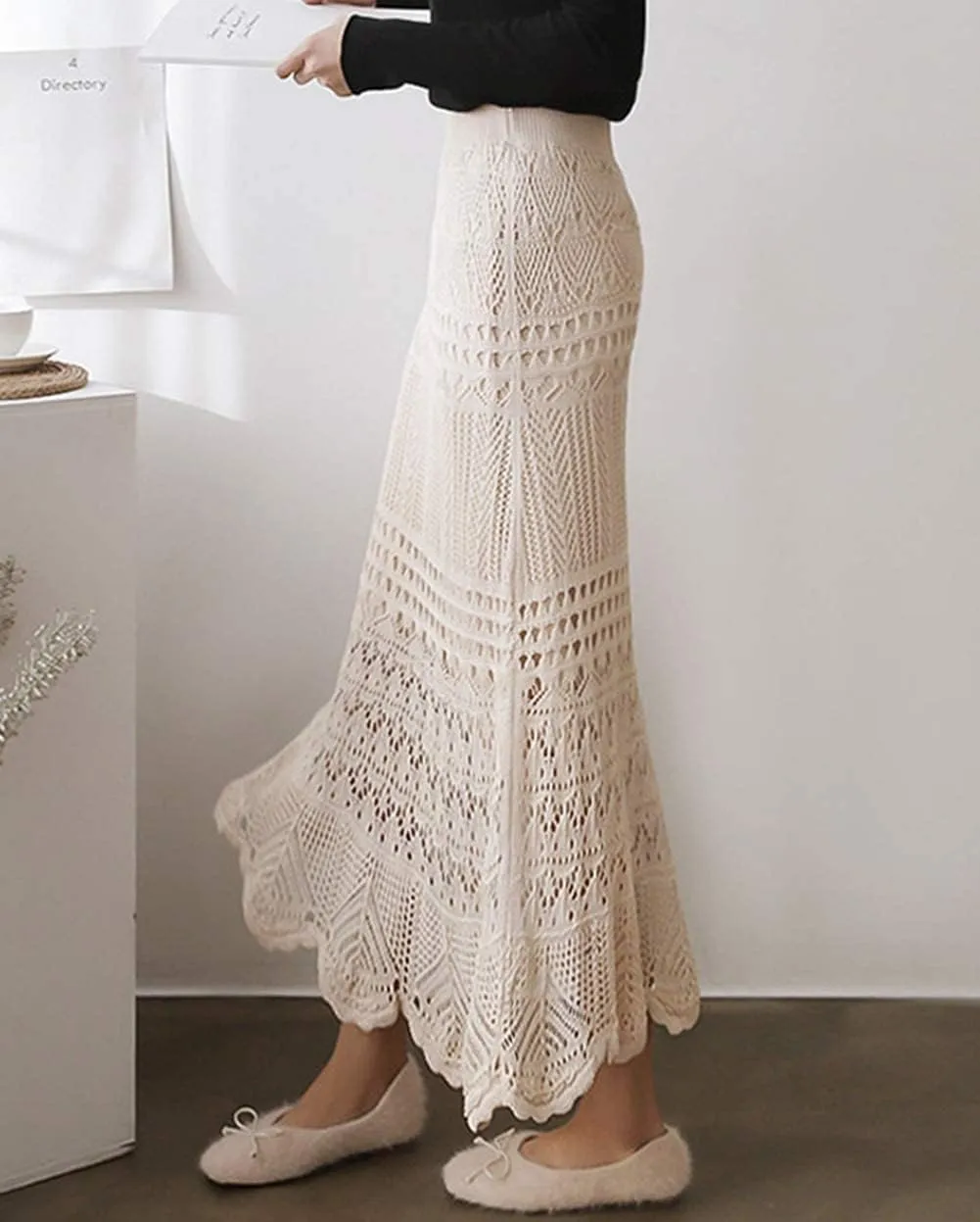 chouyatou Women's Stretched High Waist Crochet Hollow Out Knit Flowy Patterned Lace Maxi Skirt