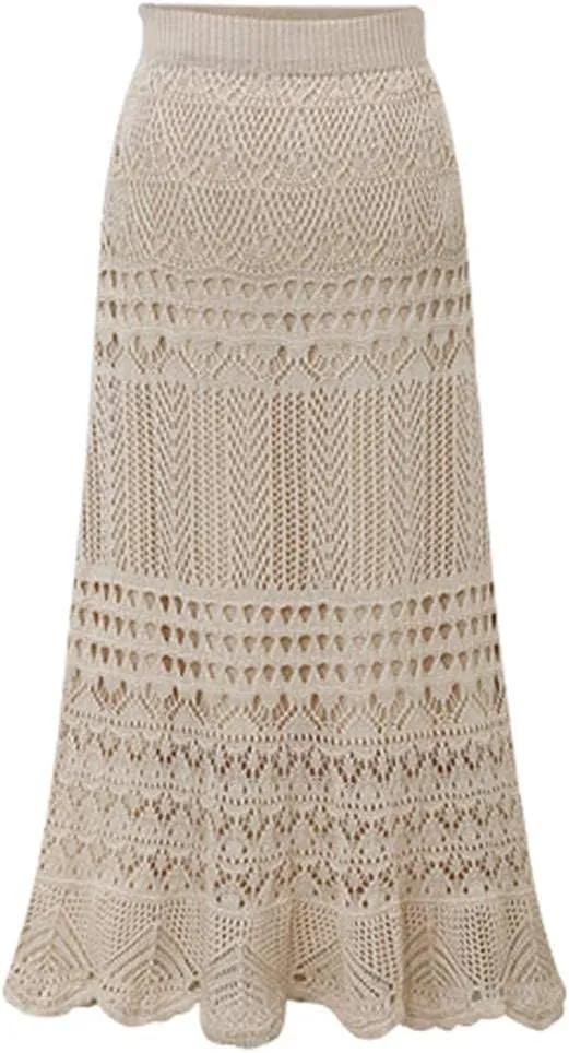 chouyatou Women's Stretched High Waist Crochet Hollow Out Knit Flowy Patterned Lace Maxi Skirt