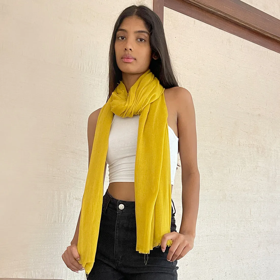 CONTEMPORARY SOLID YELLOW SOFT POLYESTER SCARF