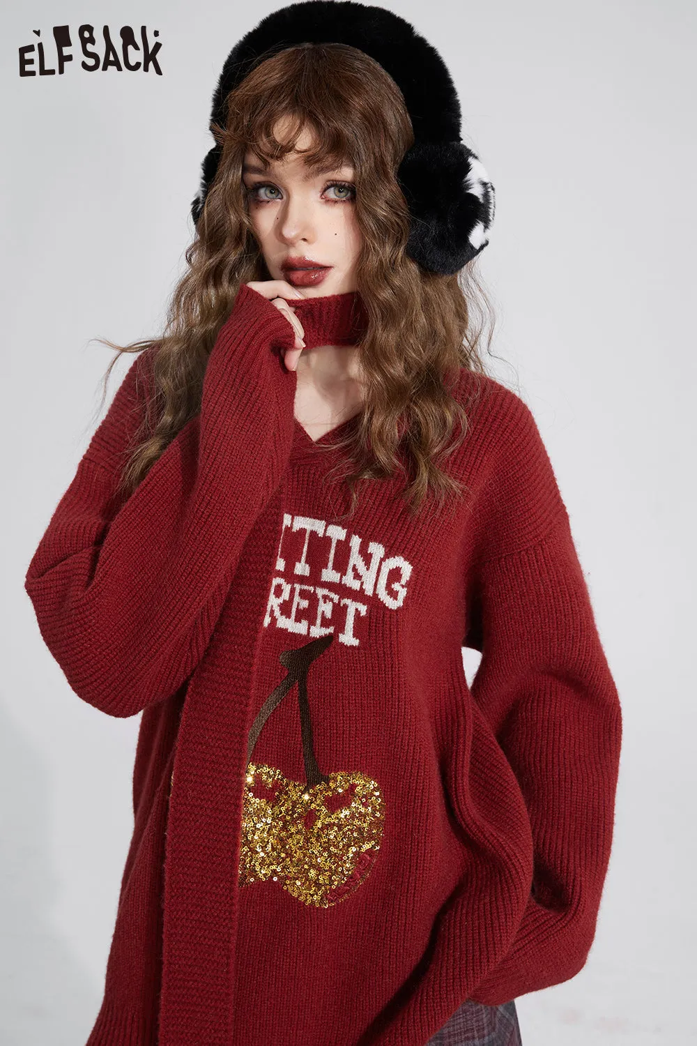ELFSACK Free Scarf Cherry Kawaii Christmas Sweater Women 2023 Winter New Korean Fashion Tops