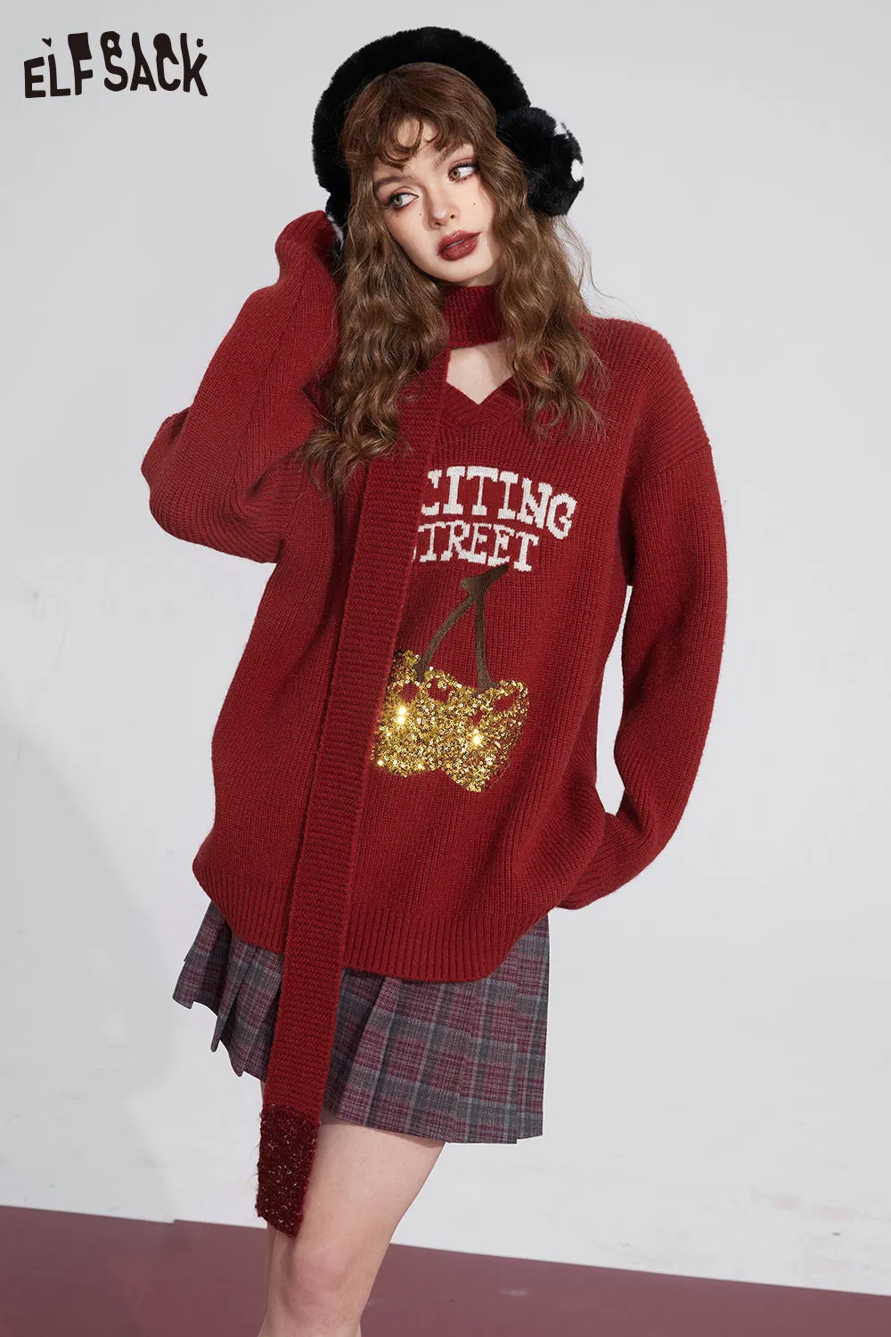ELFSACK Free Scarf Cherry Kawaii Christmas Sweater Women 2023 Winter New Korean Fashion Tops