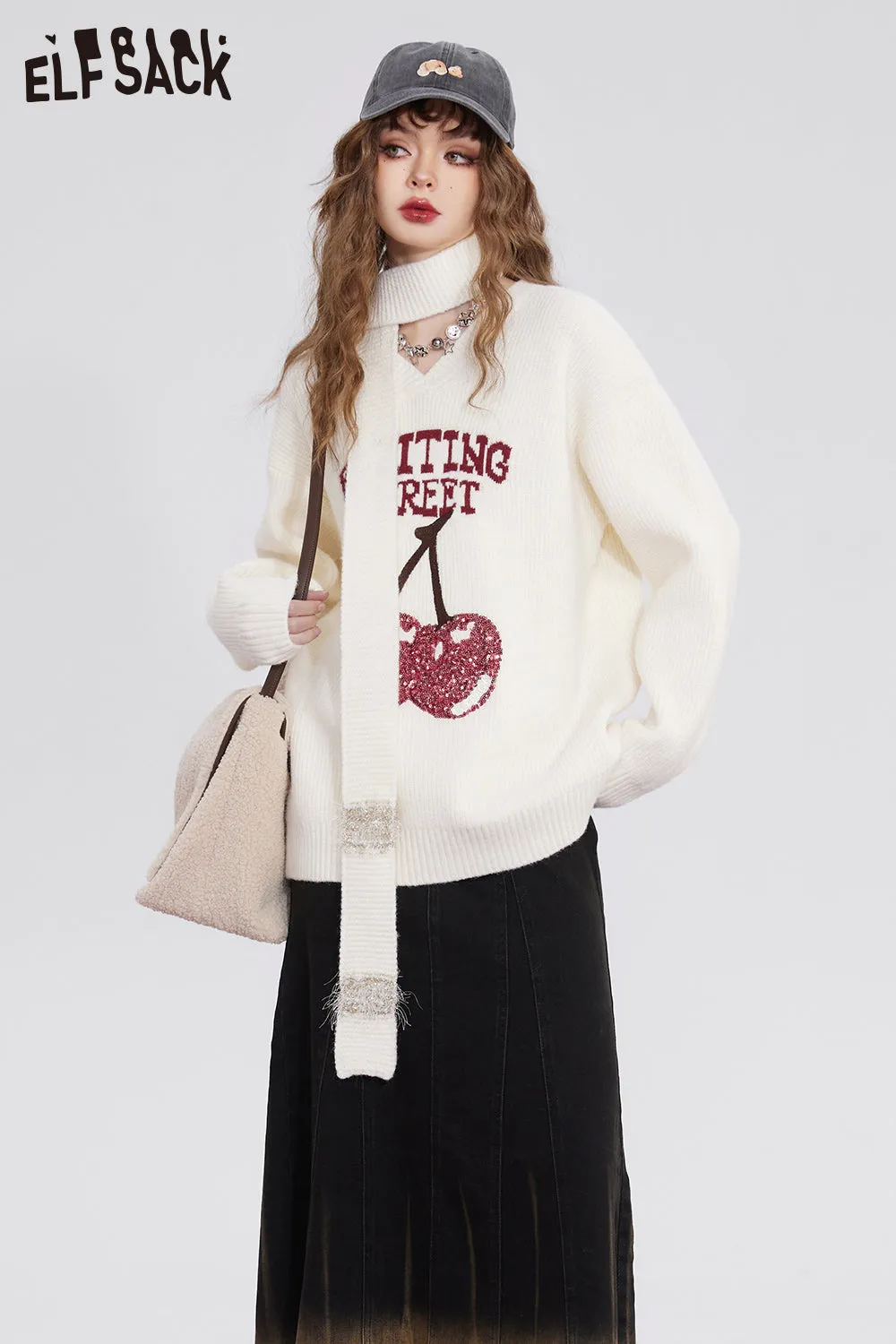 ELFSACK Free Scarf Cherry Kawaii Christmas Sweater Women 2023 Winter New Korean Fashion Tops