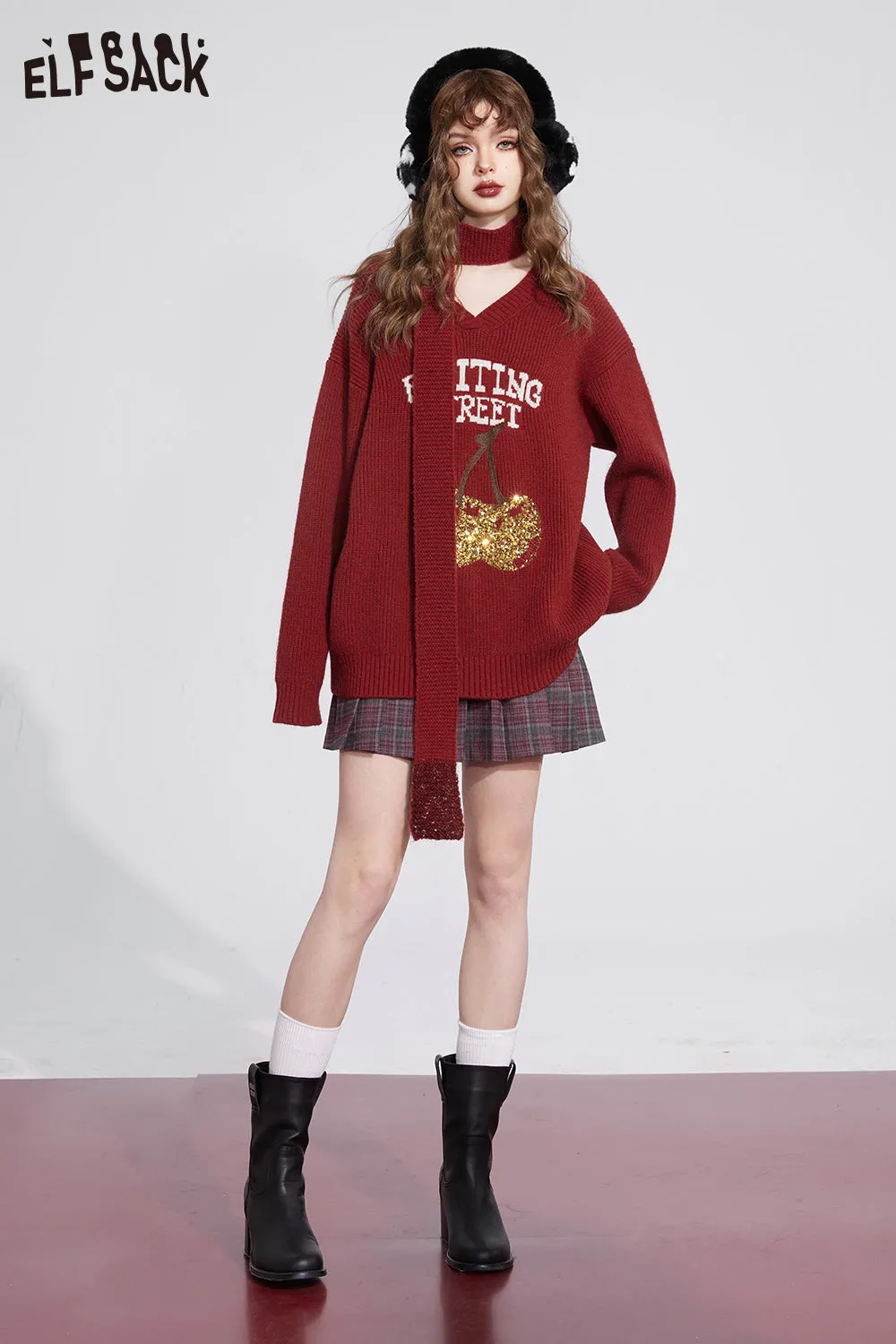 ELFSACK Free Scarf Cherry Kawaii Christmas Sweater Women 2023 Winter New Korean Fashion Tops