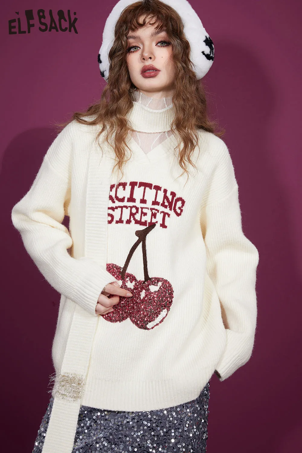 ELFSACK Free Scarf Cherry Kawaii Christmas Sweater Women 2023 Winter New Korean Fashion Tops