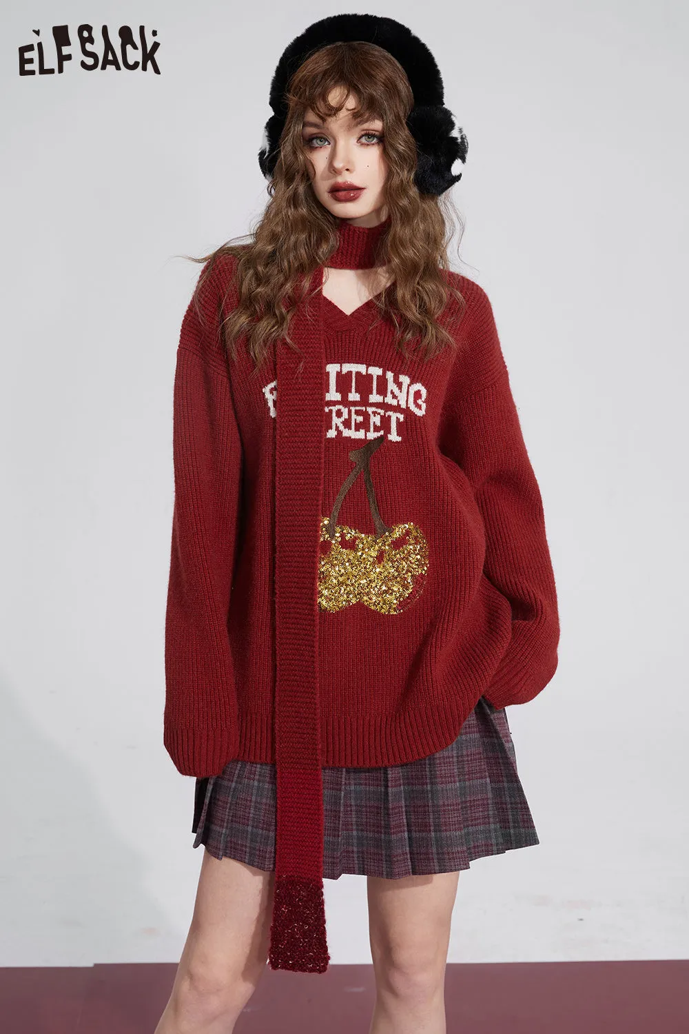 ELFSACK Free Scarf Cherry Kawaii Christmas Sweater Women 2023 Winter New Korean Fashion Tops