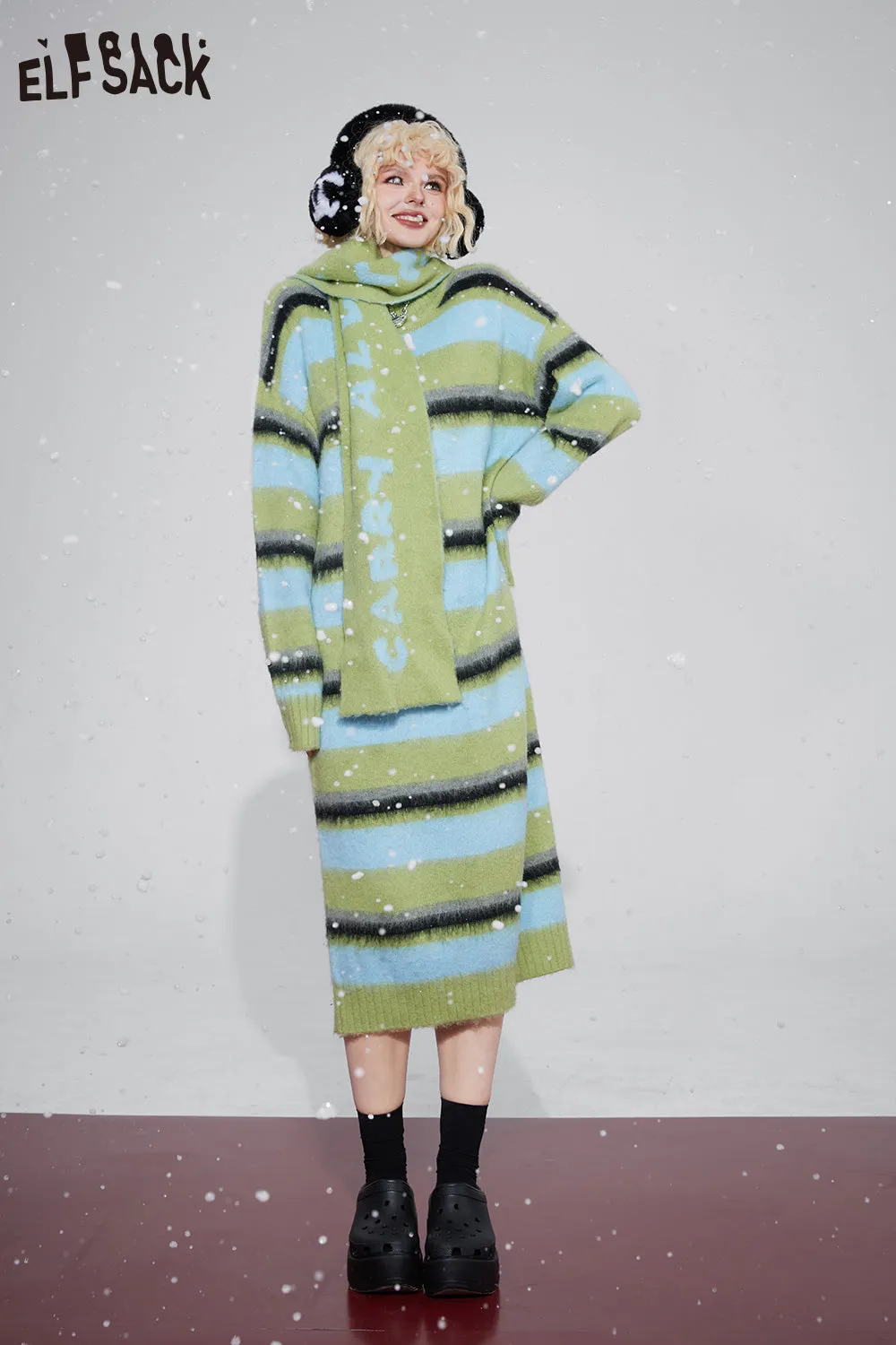 ELFSACK Free Scarf Striped Knitted Dresses For Women 2023 Winter Plus Size Korean Fashion Dresses