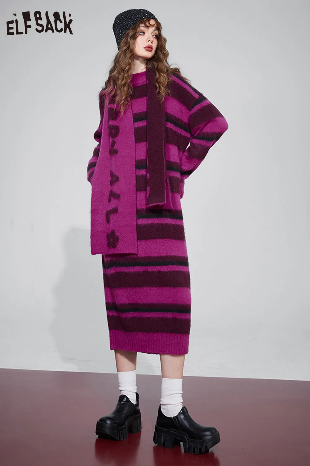 ELFSACK Free Scarf Striped Knitted Dresses For Women 2023 Winter Plus Size Korean Fashion Dresses