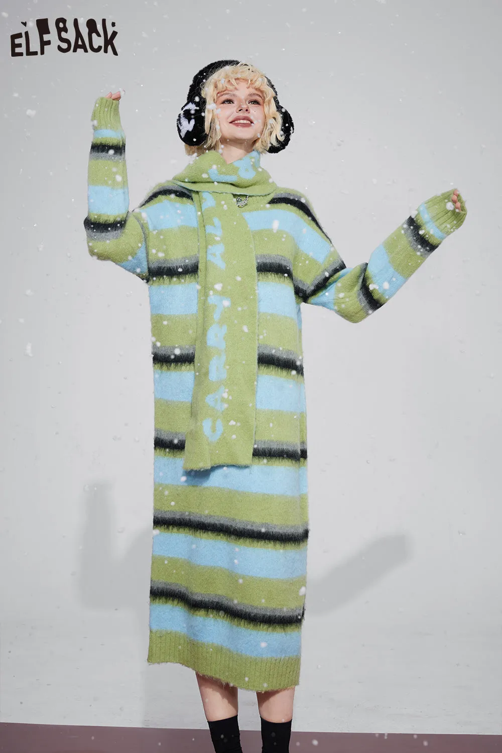 ELFSACK Free Scarf Striped Knitted Dresses For Women 2023 Winter Plus Size Korean Fashion Dresses