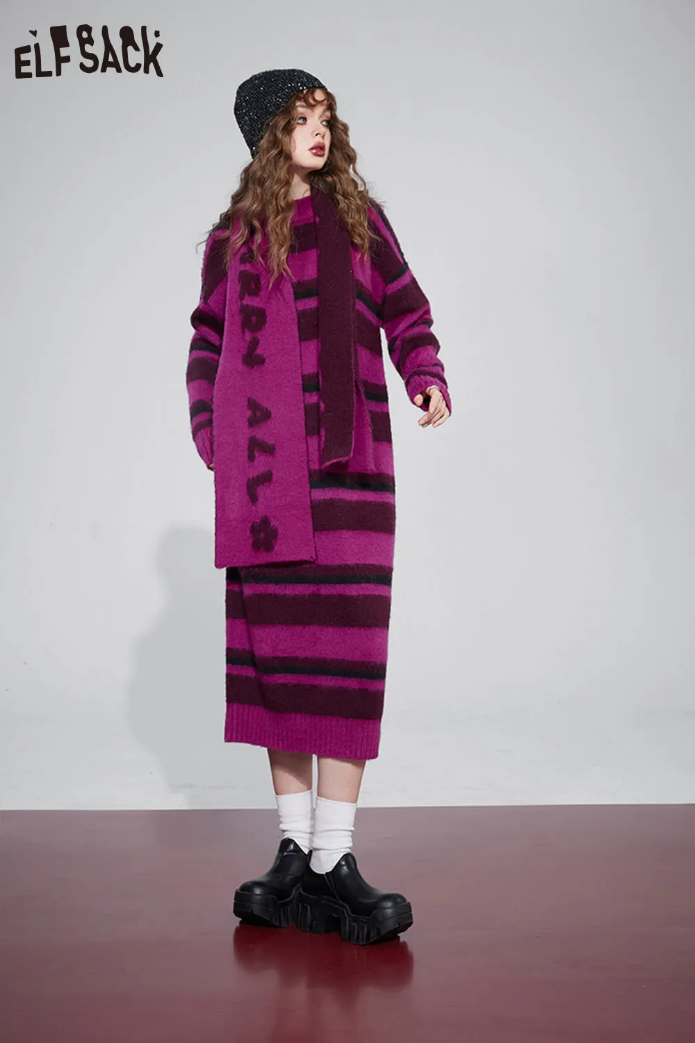 ELFSACK Free Scarf Striped Knitted Dresses For Women 2023 Winter Plus Size Korean Fashion Dresses