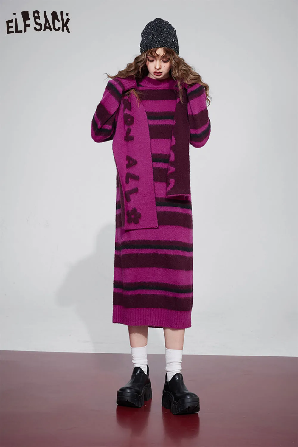 ELFSACK Free Scarf Striped Knitted Dresses For Women 2023 Winter Plus Size Korean Fashion Dresses