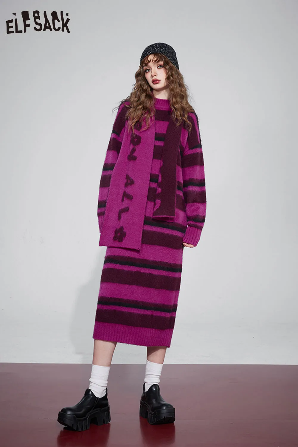ELFSACK Free Scarf Striped Knitted Dresses For Women 2023 Winter Plus Size Korean Fashion Dresses