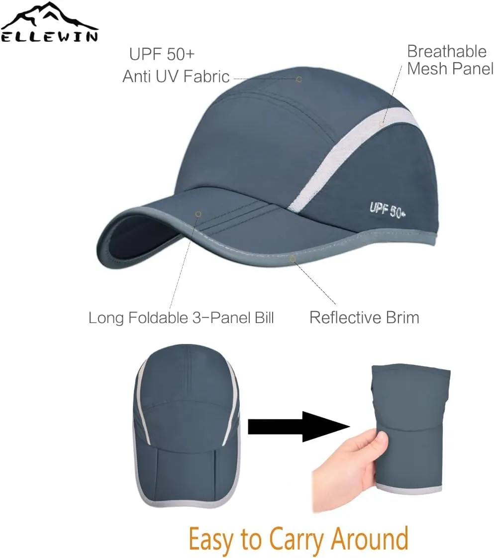 ELLEWIN Unisex Baseball Cap UPF 50 Unstructured Hat with Foldable Long Large Bill