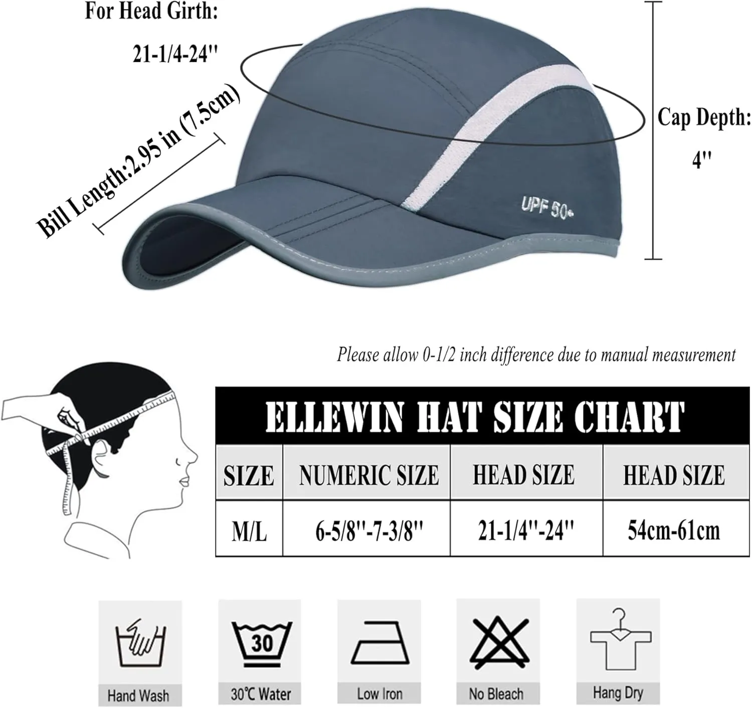 ELLEWIN Unisex Baseball Cap UPF 50 Unstructured Hat with Foldable Long Large Bill