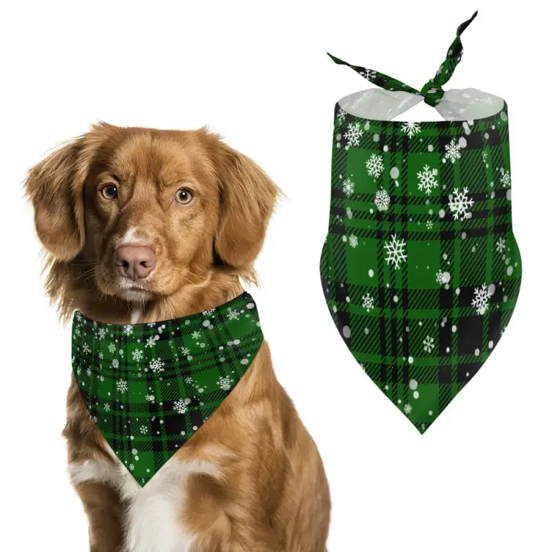 Green Plaid Dog Bandana with Snowflakes for Your Furry Friend's Style
