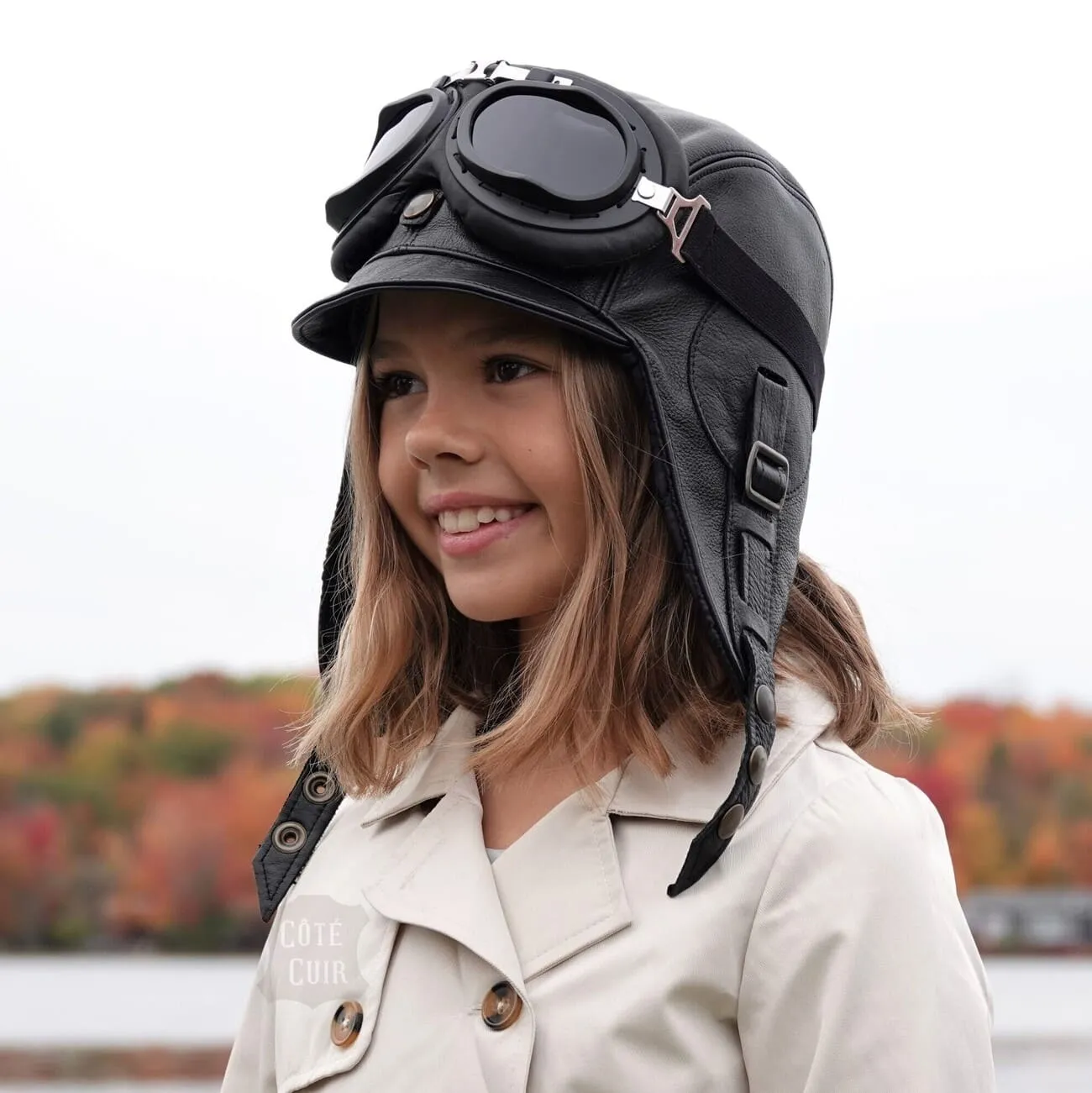 Kid's Aviator Hat, Black Leather - Simon Model
