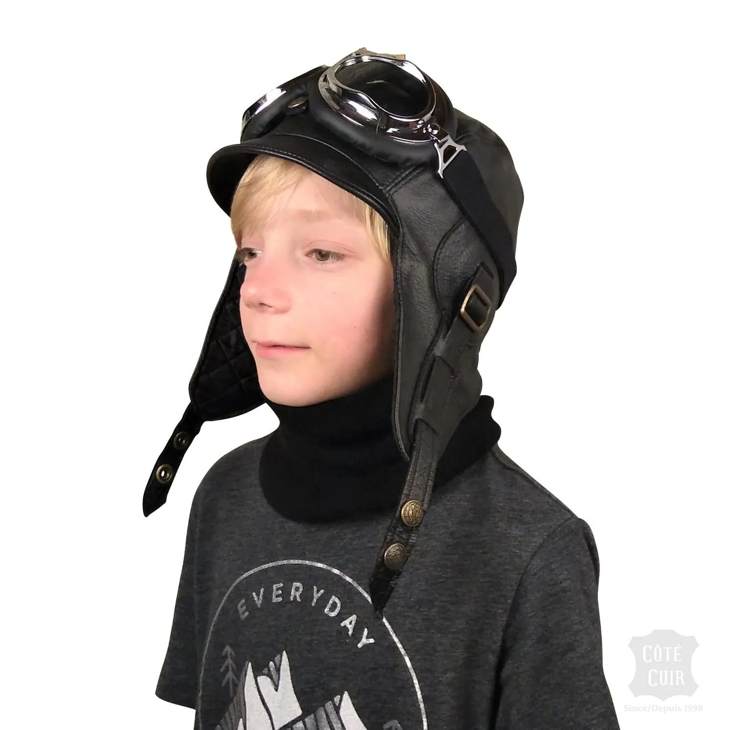 Kid's Aviator Hat, Black Leather - Simon Model