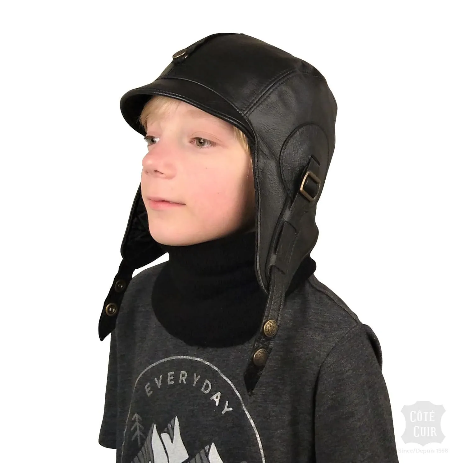 Kid's Aviator Hat, Black Leather - Simon Model