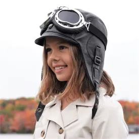 Kid's Aviator Hat, Black Leather - Simon Model