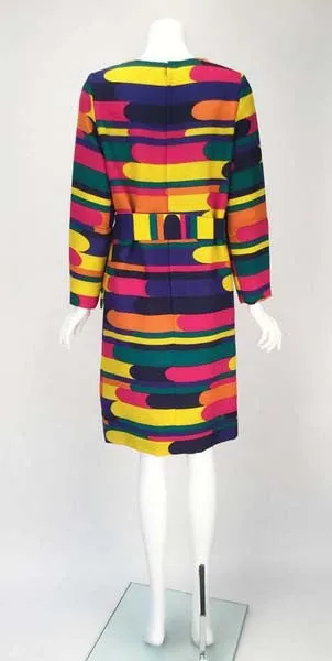 Late 60s Bill Blass Multicolored Woven Wool Long Sleeve Mini Dress