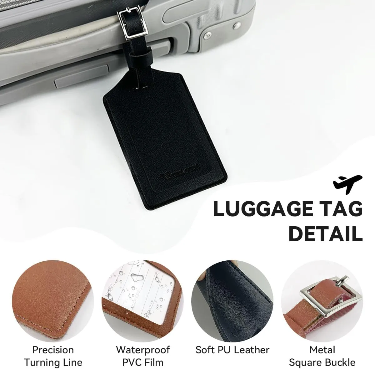 Luggage Tag 2 Pack Premium PU Leather Bag Tags Privacy Protection Suitcase ID Tag DIY Personalized Travel Essential for Air Travel Backpack Brown