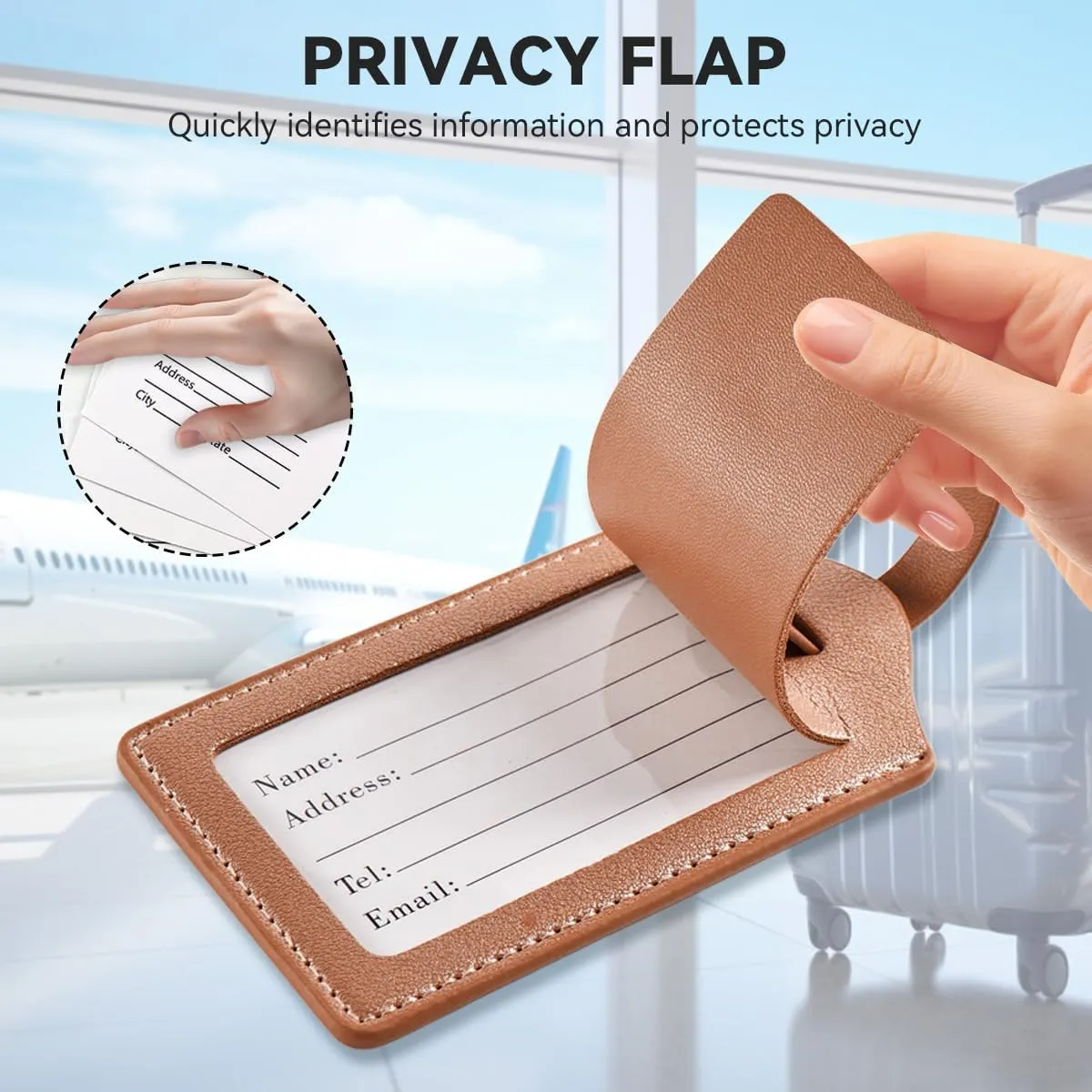 Luggage Tag 2 Pack Premium PU Leather Bag Tags Privacy Protection Suitcase ID Tag DIY Personalized Travel Essential for Air Travel Backpack Brown