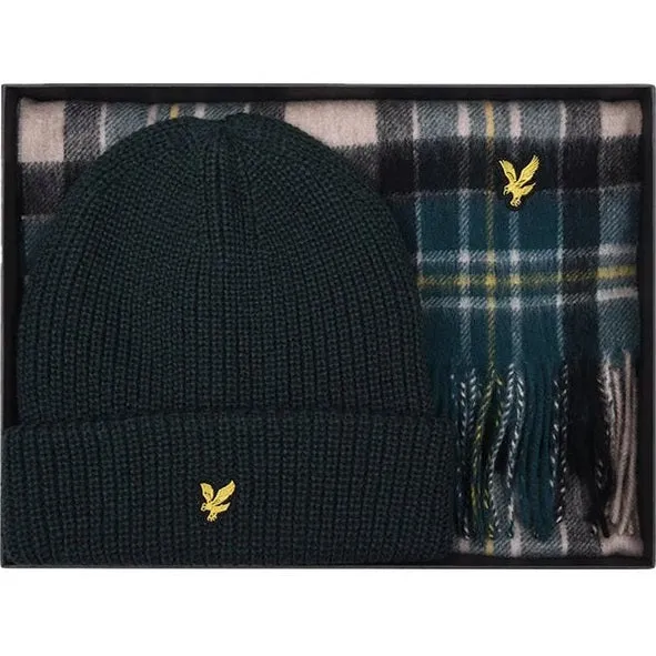 Lyle and Scott Mens Checked Lambs wool Scarf and beanie set Argle Teal