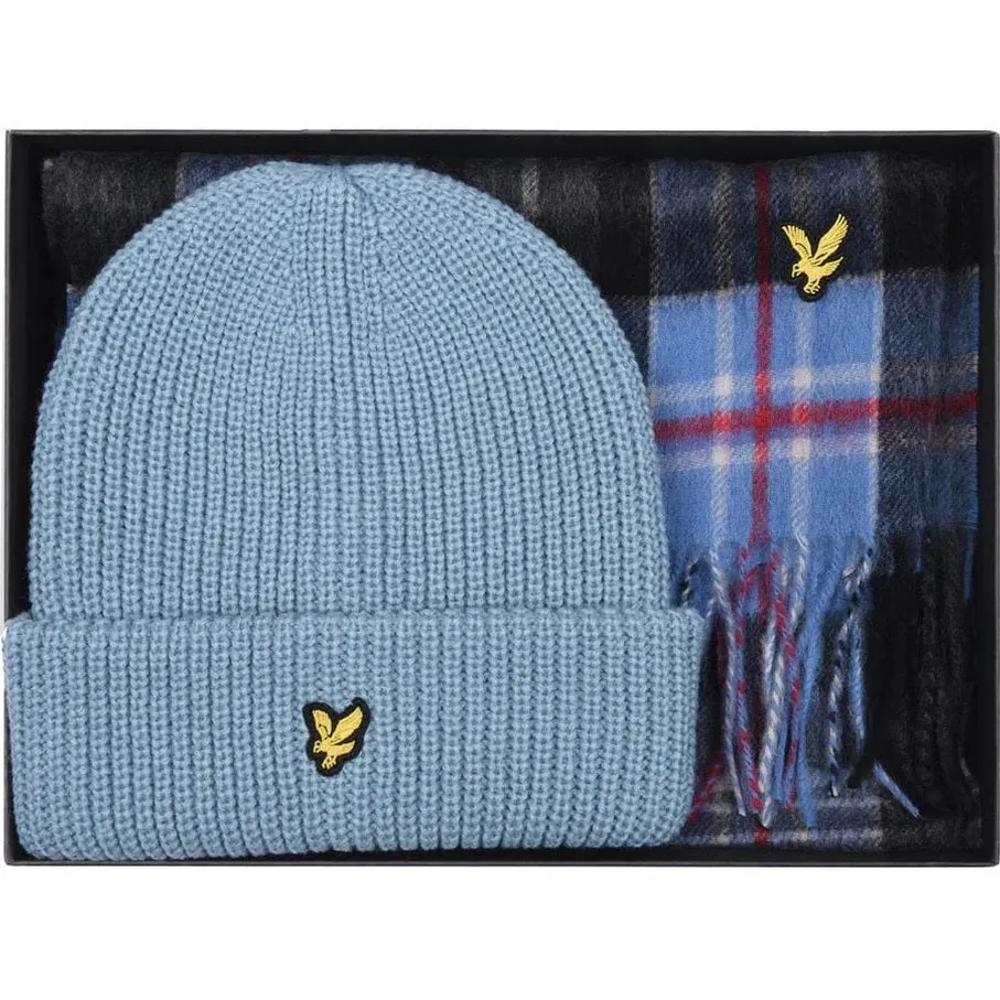 Lyle and Scott Mens Checked Lambs wool Scarf and beanie set Blue Smoke