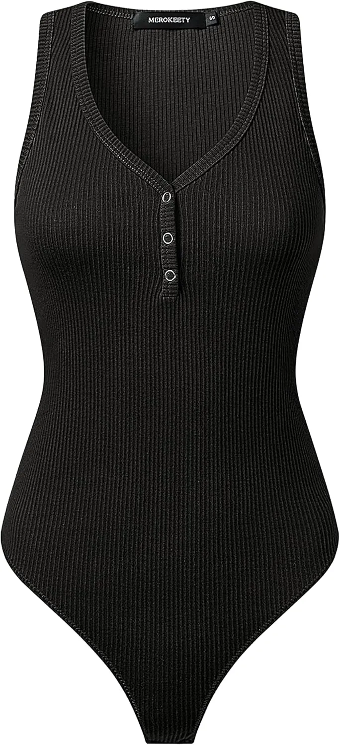 MEROKEETY Women's 2025 Ribbed Button V Neck Bodysuits Sleeveless Slim Fit Knit Body Suits