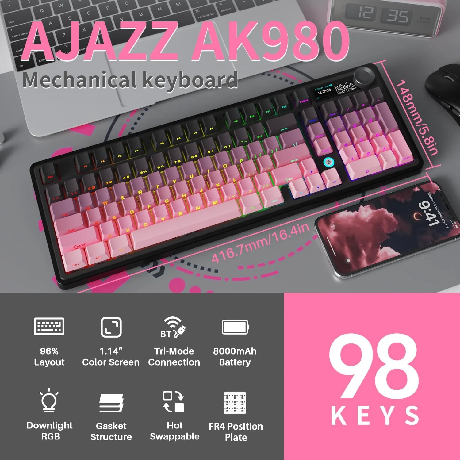 NACODEX Ajazz AK980 Pink Gaming Machanical Keyboard Full Size RGB Gasket Mount| 8000mAh Triple Modes Custom Keyboard with Five Layer Pad | Knob Control