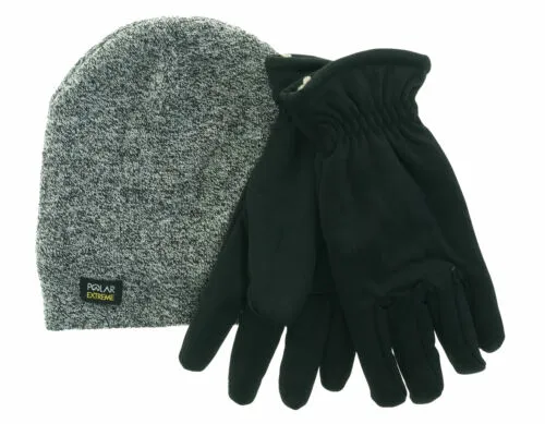Polar Extreme Men's Heat Stretch Glove and Pull Hat Set Black White Marl
