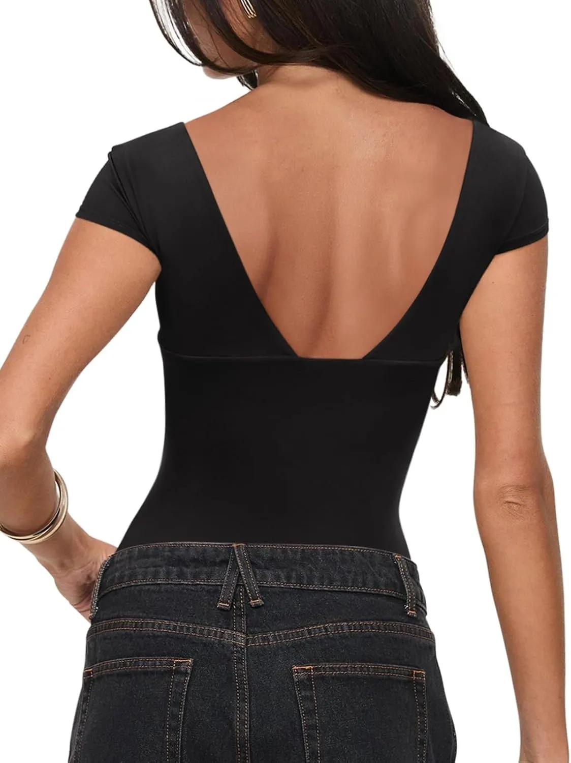 REORIA Womens Deep V Neck Bodysuit Double Lined Lace Bodysuit Short Sleeve Backless Top Sexy Going Out Outfits