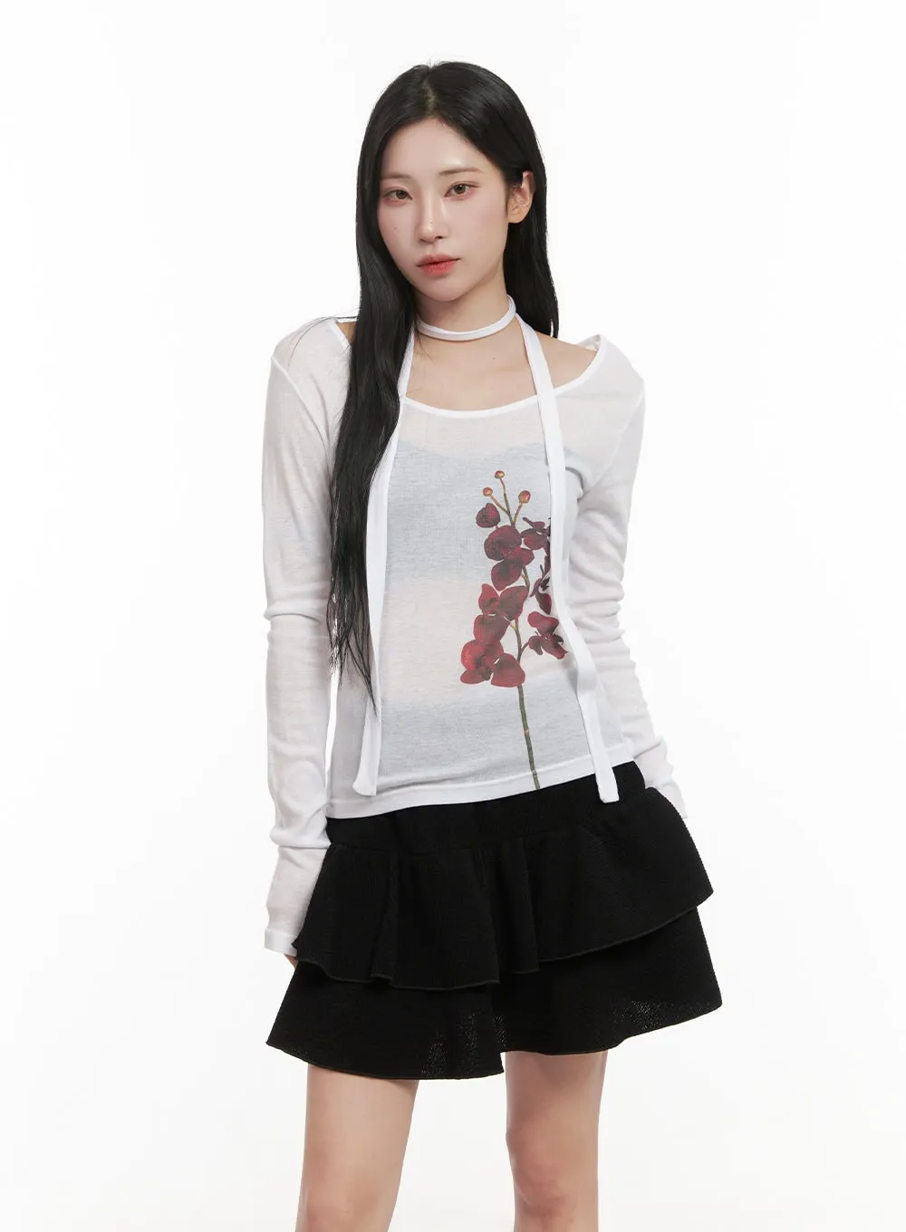 Sheer Graphic Flower Top & Scarf CD404