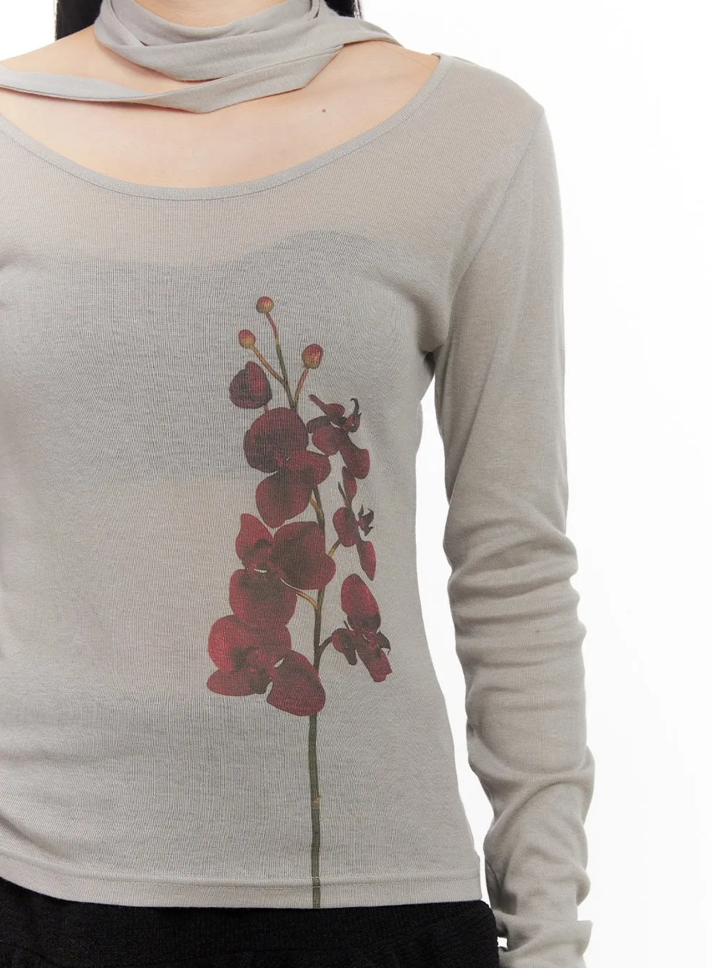 Sheer Graphic Flower Top & Scarf CD404