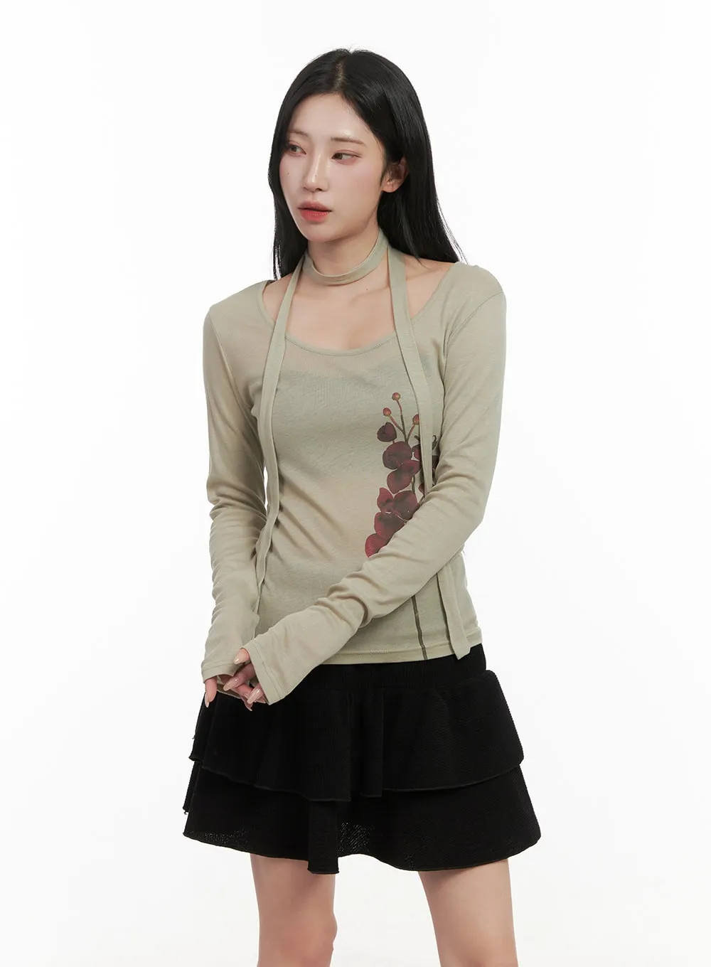 Sheer Graphic Flower Top & Scarf CD404