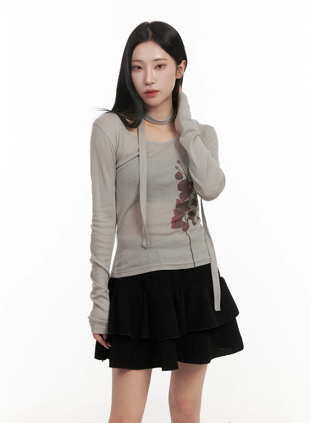 Sheer Graphic Flower Top & Scarf CD404